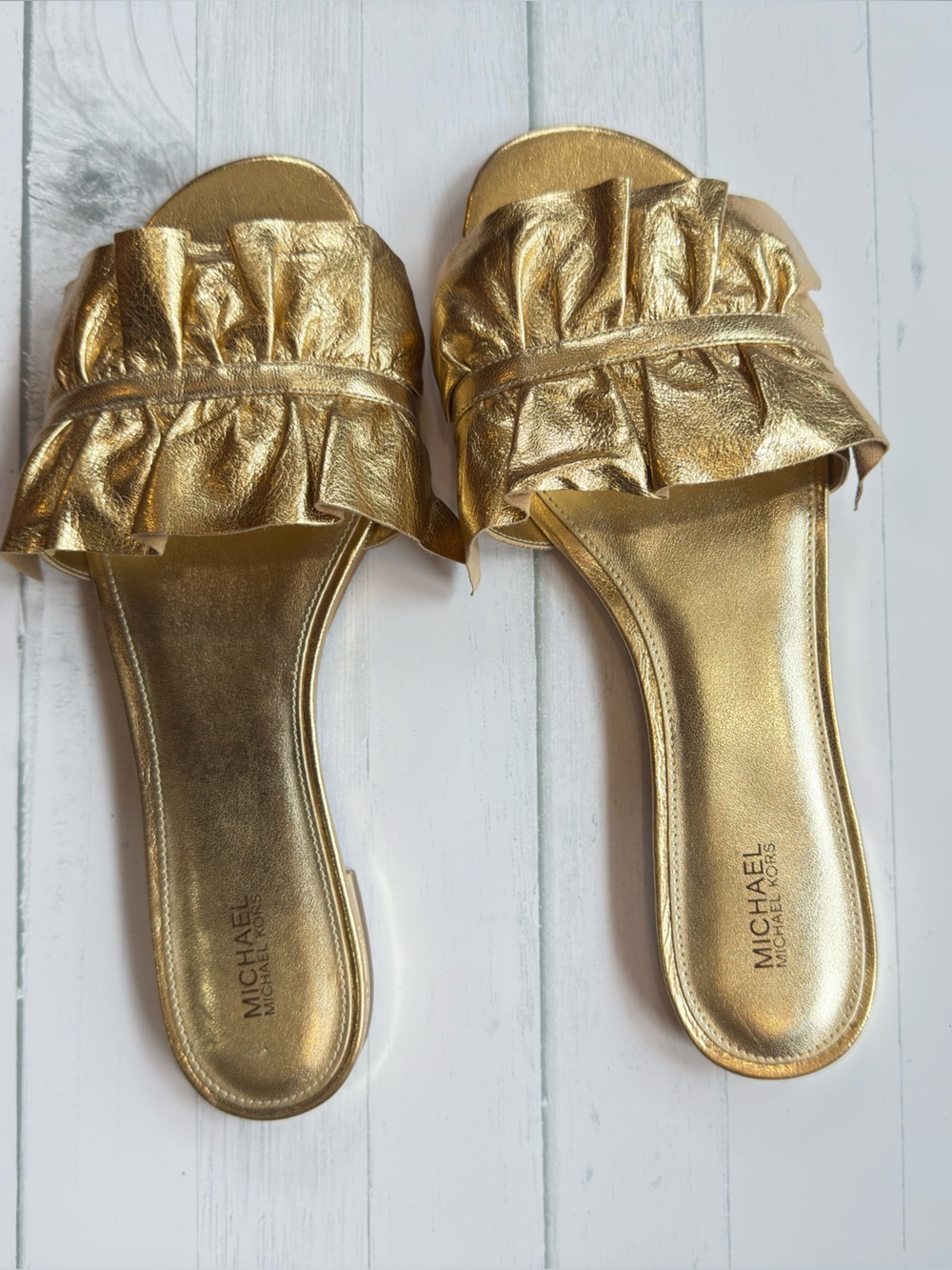 MICHAEL Michael Kors Metallic Gold Ruffle Slide Sandals